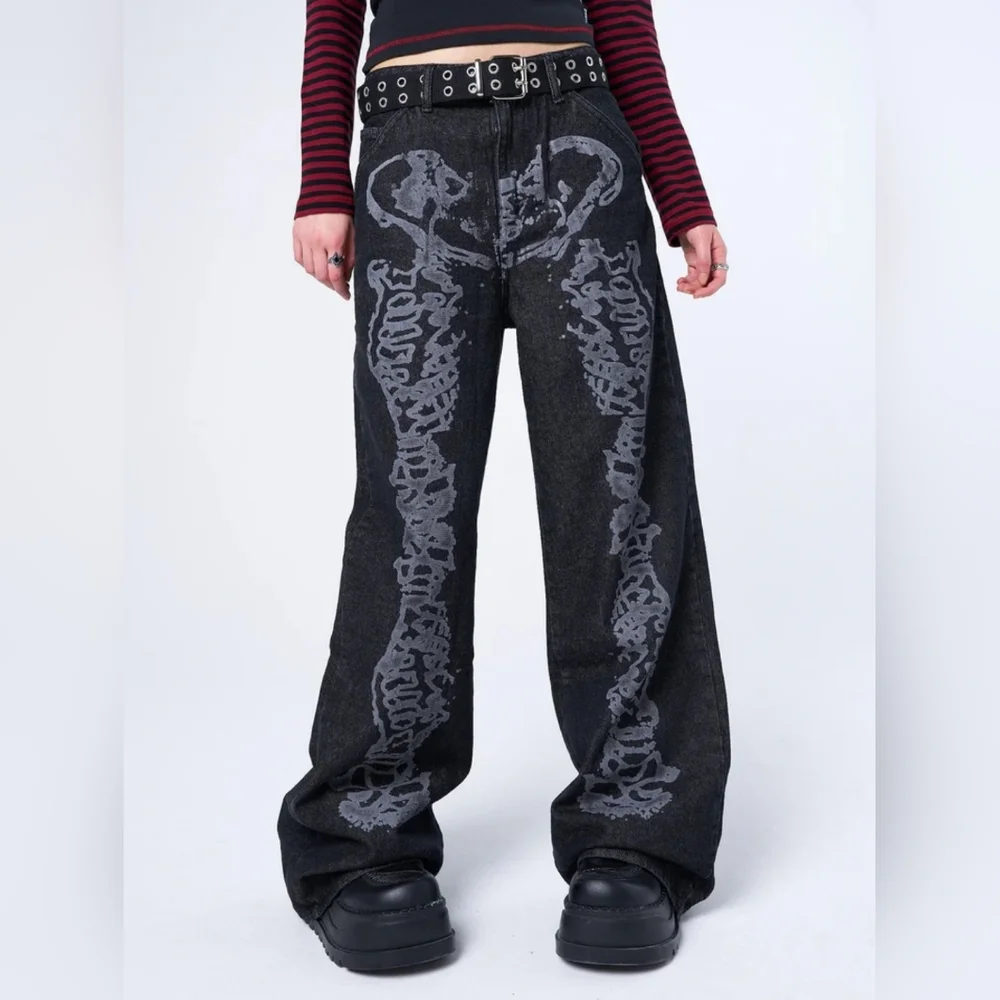 Minga London Bones Black Washed Denim Jeans Skeleton Print Wide Baggy Leg SZ 36 - Picture 2 of 16